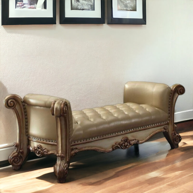 Home Outfitters 74" Beige and Gold Upholstered Faux Leather Bench