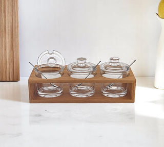 6 Mouth Blown Crystal Jam Set With 3 Glass Jars & Spoons On A Wood Stand
