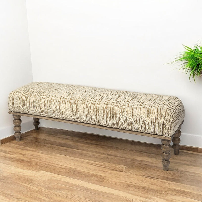 Home Outfitters 55" Cream and Wood Brown Upholstered Polyester Blend Bench