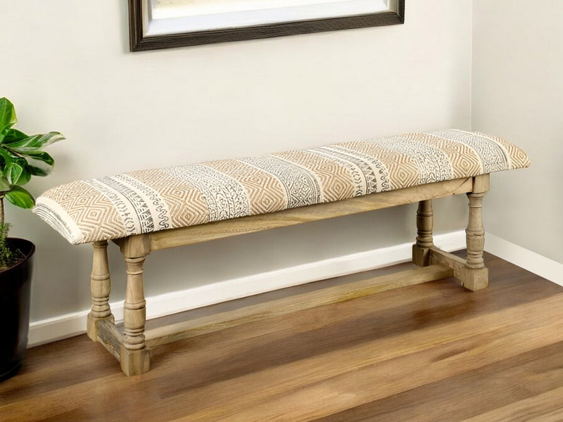 Home Outfitters 59" Beige Orange and Brown Geometric Upholstered Jute Accent Bench