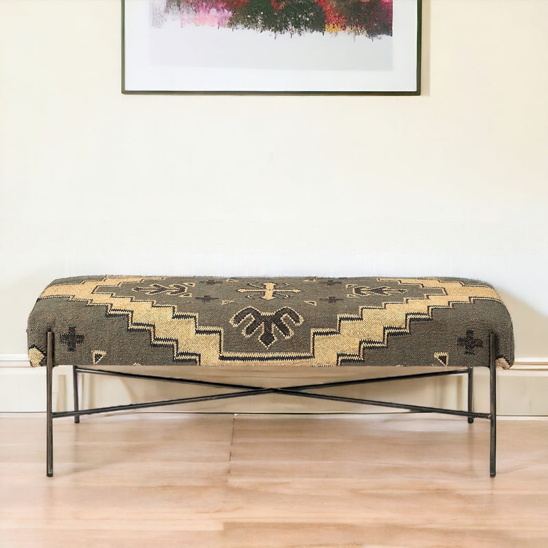 Home Outfitters 55" Green and Brown and Black Upholstered Cotton Blend Abstract Bench