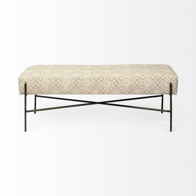 Home Outfitters 17" Cream and Black Upholstered Cotton Blend Geometric Bench