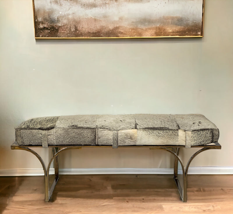 Home Outfitters 55" Gray and Antiqued Brass Upholstered Faux Fur Bench