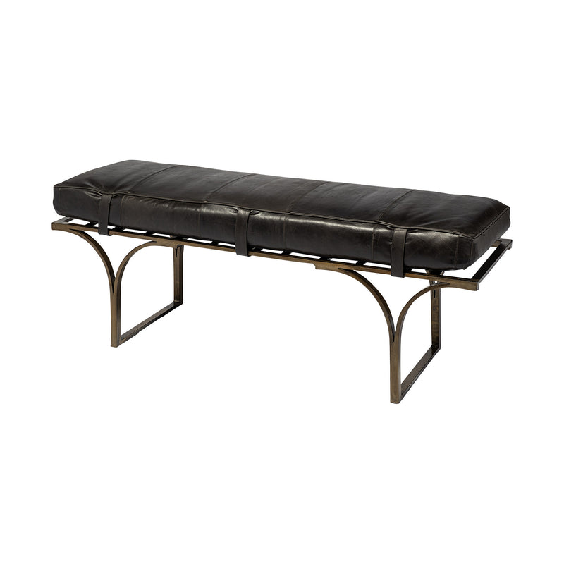 Home Outfitters 16" Black And Antiqued Brass Upholstered Genuine Leather Bench