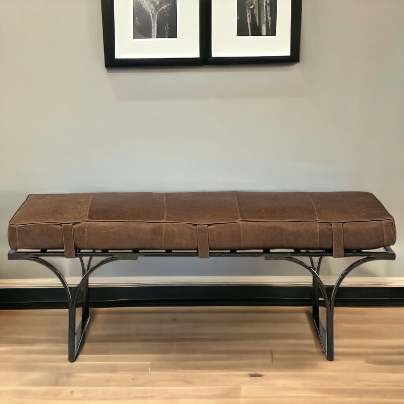 Home Outfitters 55" Brown and Black Upholstered Genuine Leather Bench