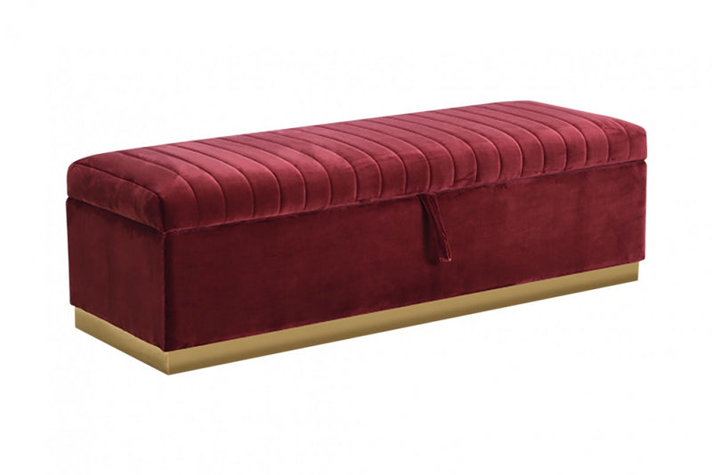 Home Outfitters Rectangular Modern Red Velvet Storage Bench With Gold Metal