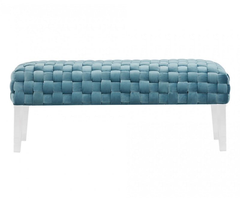 Home Outfitters Rectangular Modern Light Teal Textured Velvet Bench With Acrylic Legs