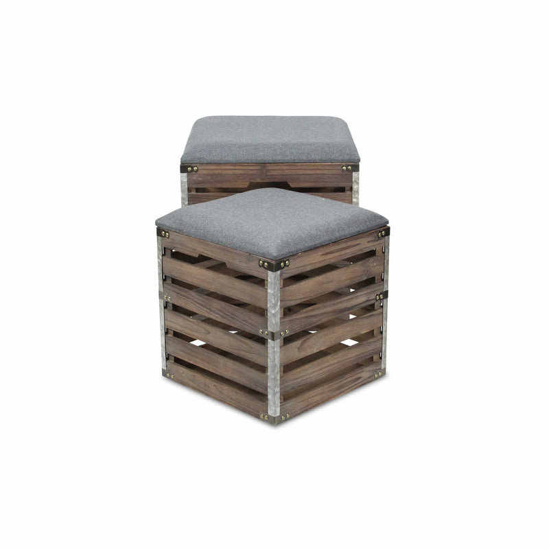 Home Outfitters Set Of 2 Square Gray Linen Fabric And Wood Slats Storage Benches