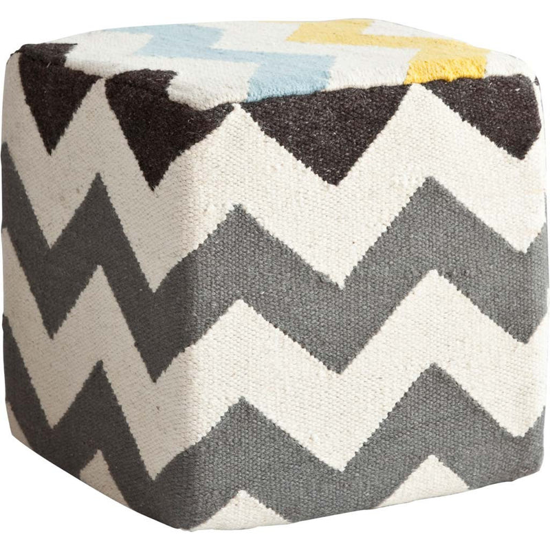 Home Outfitters Ivory And Charcoal Wool Square Pouf With Zig Zag Pattern