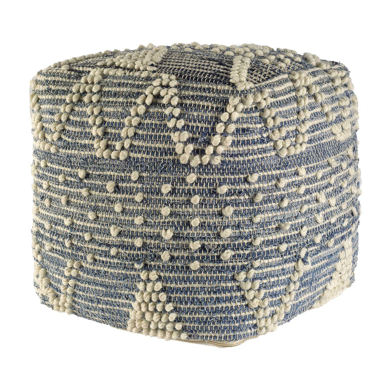 Home Outfitters Blue Denim And Ivory Square Pouf With Cotton Stitched