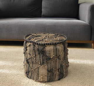 Home Outfitters 20" Natural and Black Geometric Cylindrical Jute Ottoman