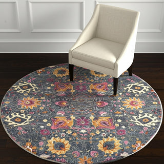 Home Outfitters 4' Blue And Orange Floral Distressed Round Rug