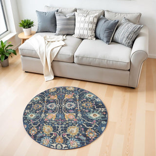 Home Outfitters 4' Navy Blue Yellow And Pink Floral Round Rug