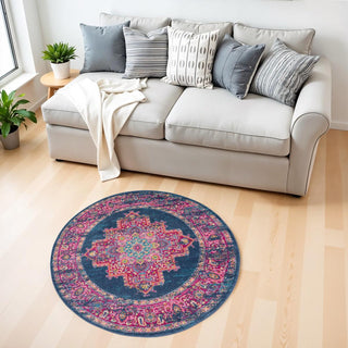 Home Outfitters 4' Blue And Pink Medallion Distressed Round Rug
