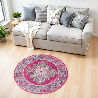 Home Outfitters 4' Fuchsia And Blue Oriental Distressed Round Rug