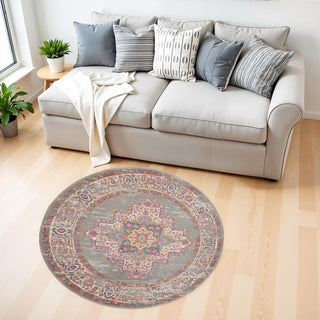 Home Outfitters 4' Gray And Gold Medallion Distressed Round Rug