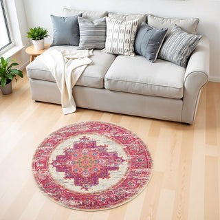 Home Outfitters 4' Ivory And Fuchsia Oriental Distressed Round Rug