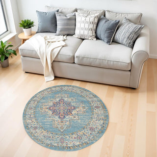 Home Outfitters 4' Blue And Ivory Southwestern Distressed Round Rug
