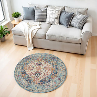 Home Outfitters 4' Ivory And Blue Oriental Distressed Round Rug