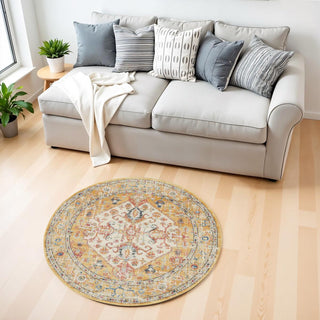 Home Outfitters 4' Yellow And Ivory Medallion Round Rug