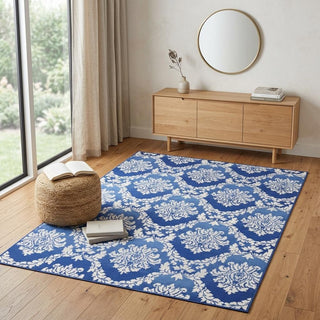 Home Outfitters 4' X 6' Blue And Ivory Damask Distressed Area Rug