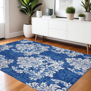Home Outfitters 4' X 6' Ivory And Blue Damask Distressed Area Rug