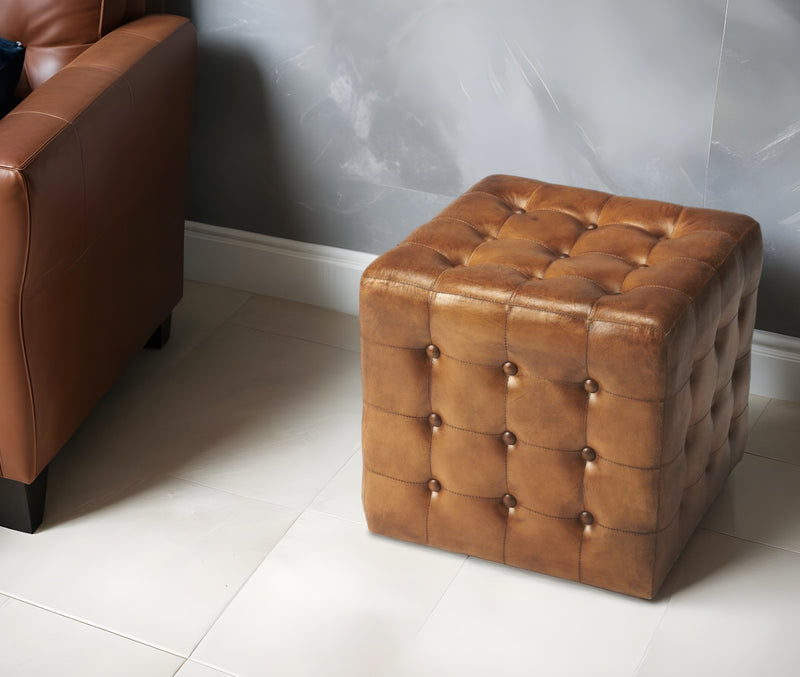 Home Outfitters 18" Brown Tufted Leather Vintage Style Cube Ottoman