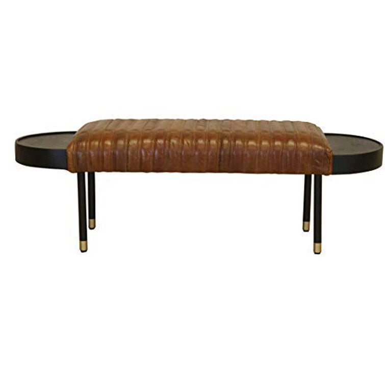 Home Outfitters Warm Brown Leather And Solid Wood Bench