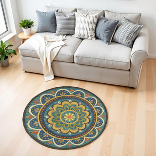 Home Outfitters 4' Blue and Orange Round Wool Floral Medallion Hand Tufted Area Rug