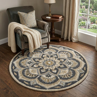 Home Outfitters 4' Round Black Flower Blossom Area Rug