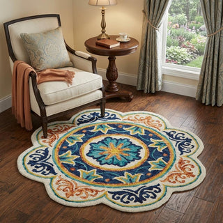 Home Outfitters 4' Round Ivory And Navy Decorative Area Rug