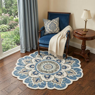 Home Outfitters 4' Blue and Cream Round Wool Floral Medallion Hand Tufted Area Rug