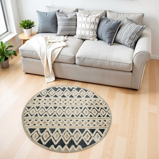 Home Outfitters 4' Round Blue and Cream Stripe Diamond Area Rug