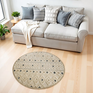 Home Outfitters 4' Round Cream and Blue Stripe Diamond Area Rug