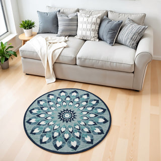 Home Outfitters 4' Round Blue and White Floral Feather Area Rug