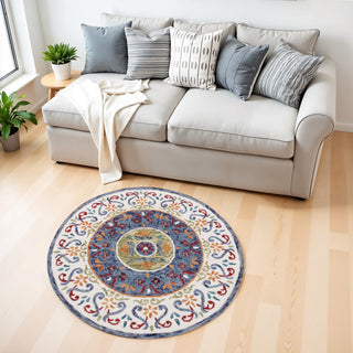 Home Outfitters 4' Round Blue and White Ornate Medallion Area Rug