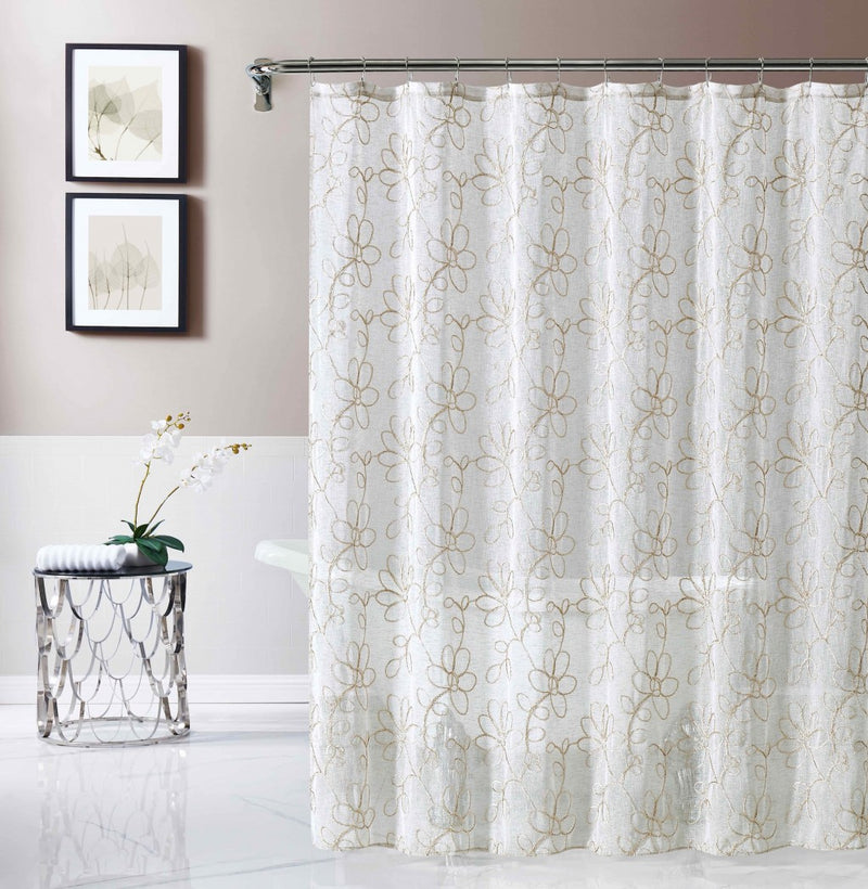 Home Outfitters Tan and White Floral Embroider Shower Curtain