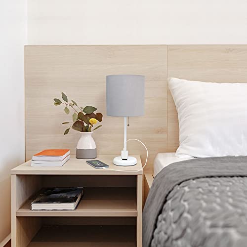 Creekwood Home Oslo 19.5" Contemporary Bedside Power Outlet Base Standard Metal Table Desk Lamp in White with Gray Drum Fabric Shade