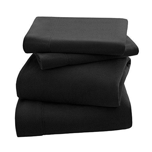 Peak Performance 3M Scotchgard Micro Fleece Bed Sheet Set Wrinkle and Stain Resistant, Soft Plush Sheets with 14" Deep Pocket, Cold Season Cozy Bedding-Set, Matching Pillow Case, Full, Black, 4 Piece