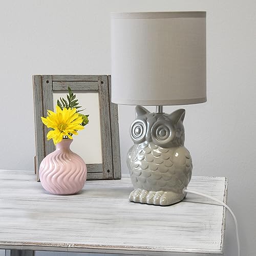 Simple Designs LT1136-GRY 12.8" Tall Contemporary Ceramic Owl Bedside Table Desk Lamp w Matching Fabric Shade for Home Decor, Bedroom, Nightstand, Living Room, Entryway, Kids&