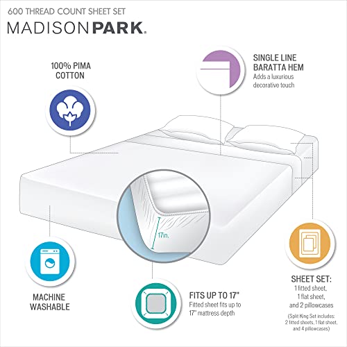 Madison Park 600 Thread Count California King Bed Sheets, Casual 100% Cotton Bed Sheet, Light Grey Bed Sheet Set 4-Piece Include Flat Sheet, Fitted Sheet & 2 Pillowcases