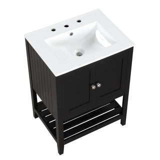 24" Black Modern Sleek Bathroom Vanity Elegant Ceramic Sink with Solid Wood Frame Open Style Shelf