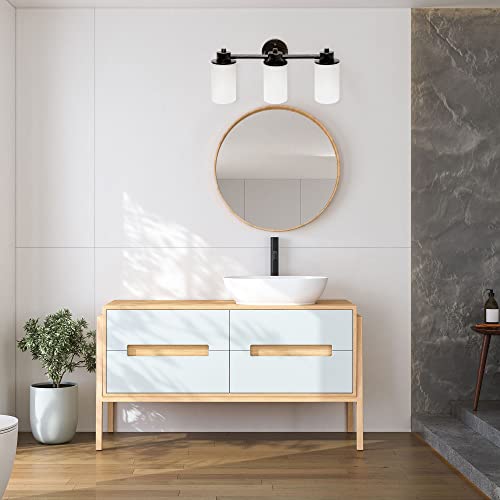 Lalia Home Essentix Contemporary Three Light Metal and Opaque White Glass Shade Vanity Uplight Downlight Wall Mounted Fixture with Round Backplate