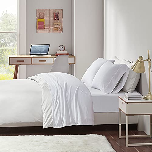 Intelligent Design Cotton Blend Jersey Knit Bed Sheet Set Wrinkle Resistant, Soft Sheets with 14" Deep Pocket, All Season, Cozy Bedding-Set, Matching Pillow Case, Queen, White 4 Piece