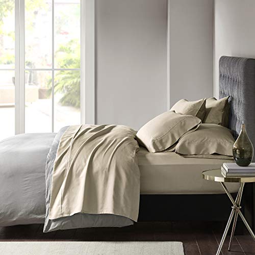 Madison Park 800 Thread Count Luxurious Wrinkle Free Breathable Cotton Rich Sateen 6 Piece Sheet Set, King Size, Khaki