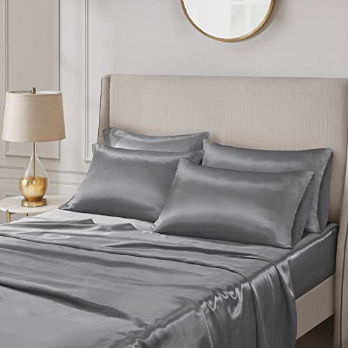 Madison Park Essentials Satin Sheet Set Luxury and Silky with Natural Sheen, Premium 16" Deep Pocket, All Around Elastic - Year-Round Bedding, Cal King, Grey, 6 Piece