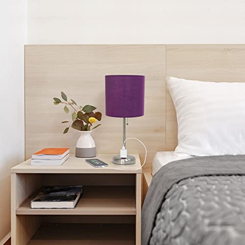 Creekwood Home Oslo 19.5" Contemporary Bedside Power Outlet Base Standard Metal Table Desk Lamp in Brushed Steel with Purple Drum Fabric Shade