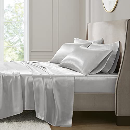 Madison Park Essentials Satin Sheet Set Luxury and Silky with Natural Sheen, Premium 16" Deep Pocket, All Around Elastic - Year-Round Bedding, Full, Light Grey, 6 Piece