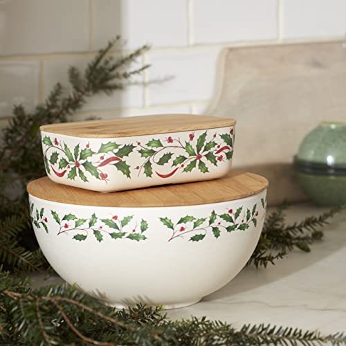 Lenox Holiday Serve Bowl with Wooden Lid, 2.43, Red & Green