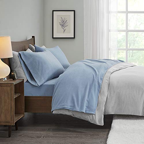 True North by Sleep Philosophy Micro Fleece Bed Sheet Set, Warm, Sheets with 14" Deep Pocket, for Cold Season Cozy Sheet-Set, Matching Pillow Case, Queen, Blue, 4 Piece